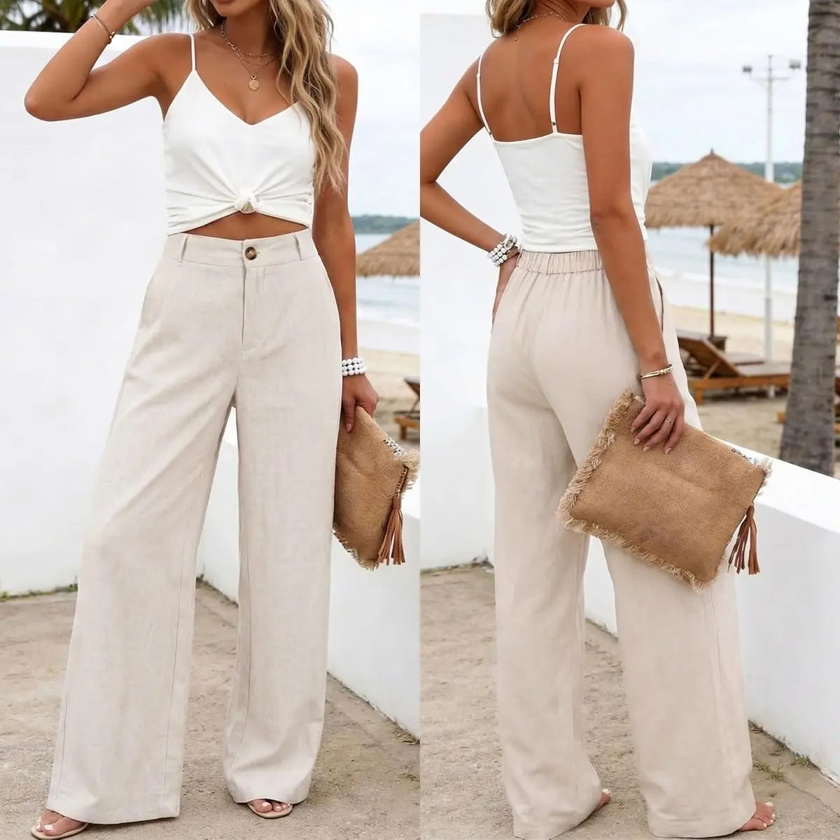 Tanming Womens Cotton Linen Pants Casual Wide Leg Summer Trousers