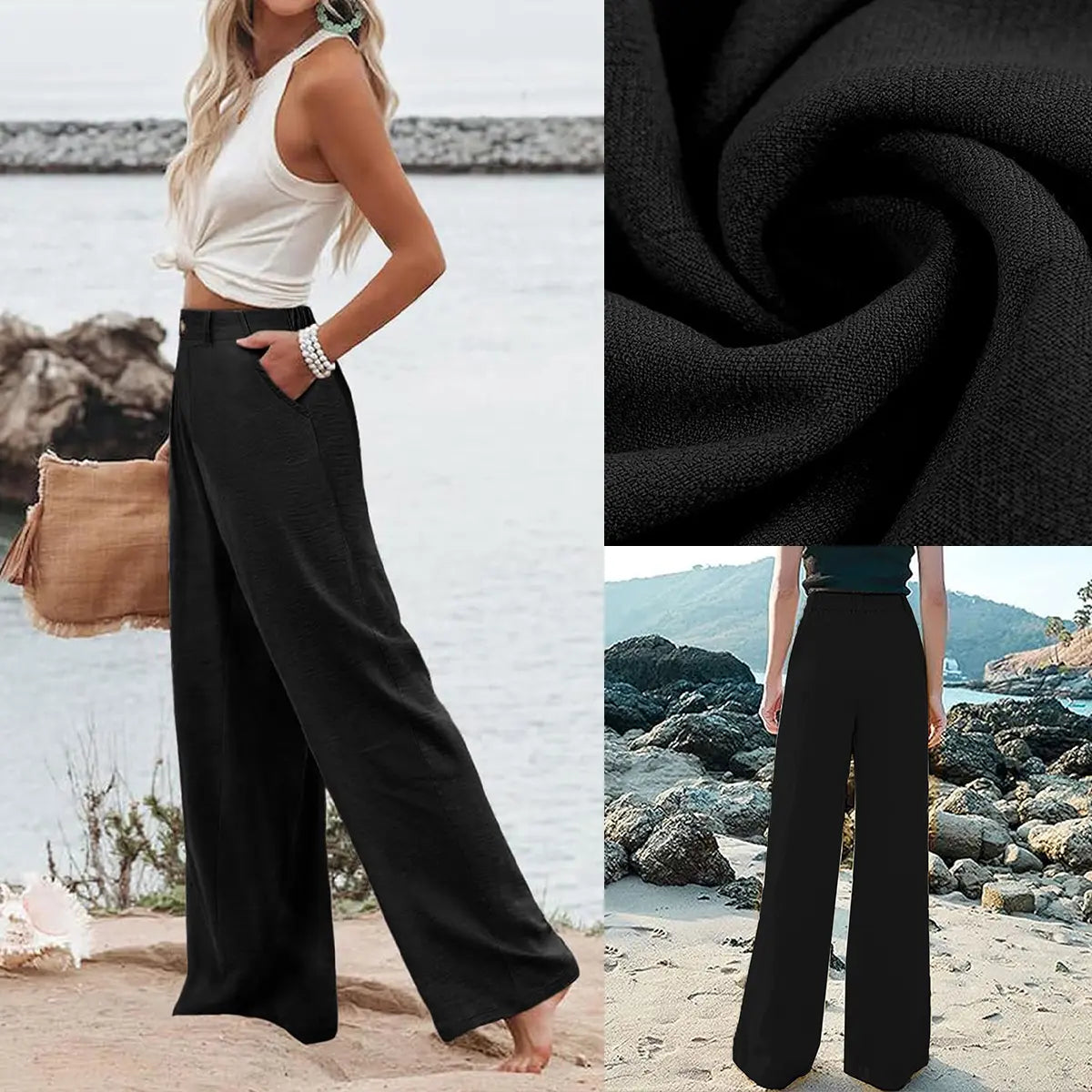 Tanming Womens Cotton Linen Pants Casual Wide Leg Summer Trousers