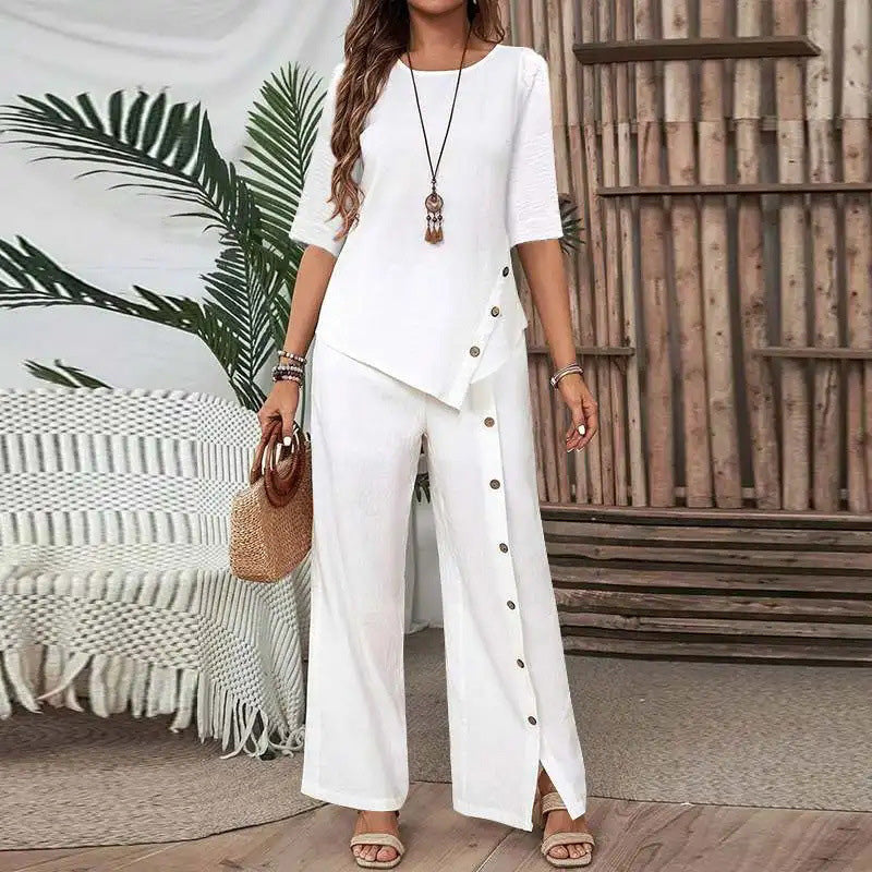 🌞Frühlingserwachen: 50% Rabatt!✨Boho Zweiteiler für Damen: Fließendes Hosen-Set mit asymmetrischem Saum & weitem Bein