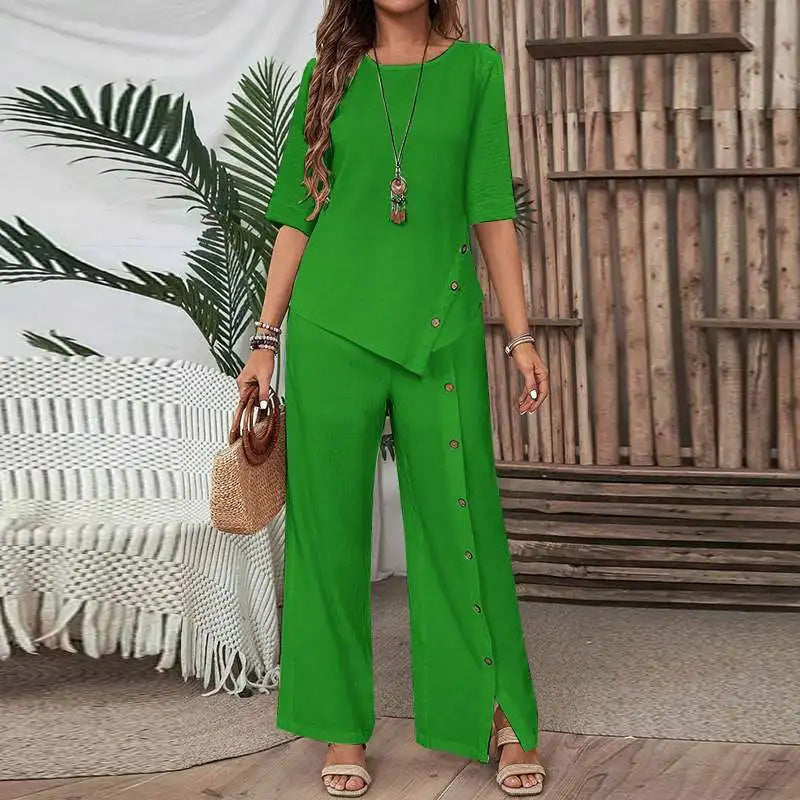 🌞Frühlingserwachen: 50% Rabatt!✨Boho Zweiteiler für Damen: Fließendes Hosen-Set mit asymmetrischem Saum & weitem Bein